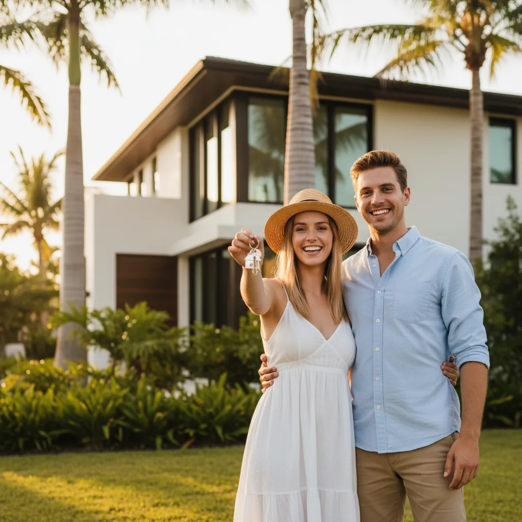 Happy couple with keys in front of their new Florida home