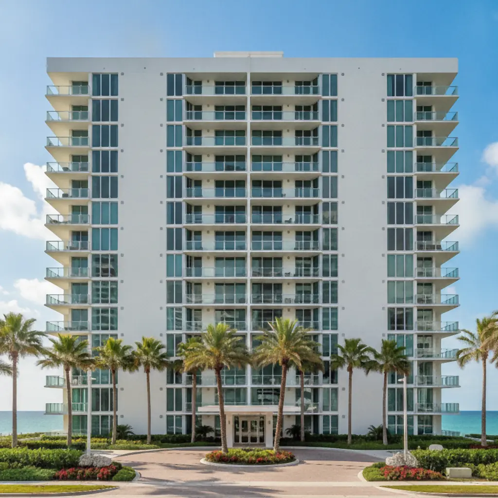 Mid-rise oceanfront condominium building in Fort Lauderdale with glass balconies and royal palms