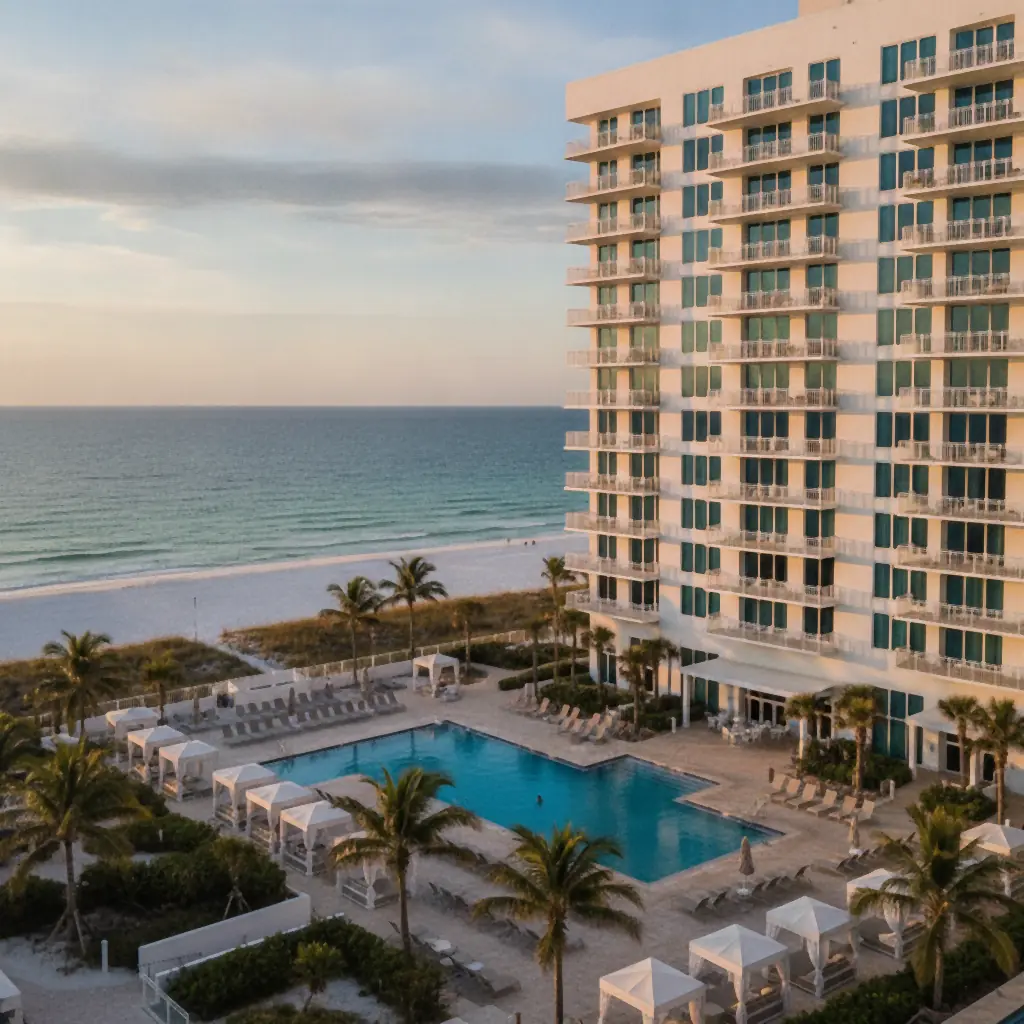 Beachfront Florida condo-hotel tower on the Gulf coast with a resort pool, cabanas, and palm trees