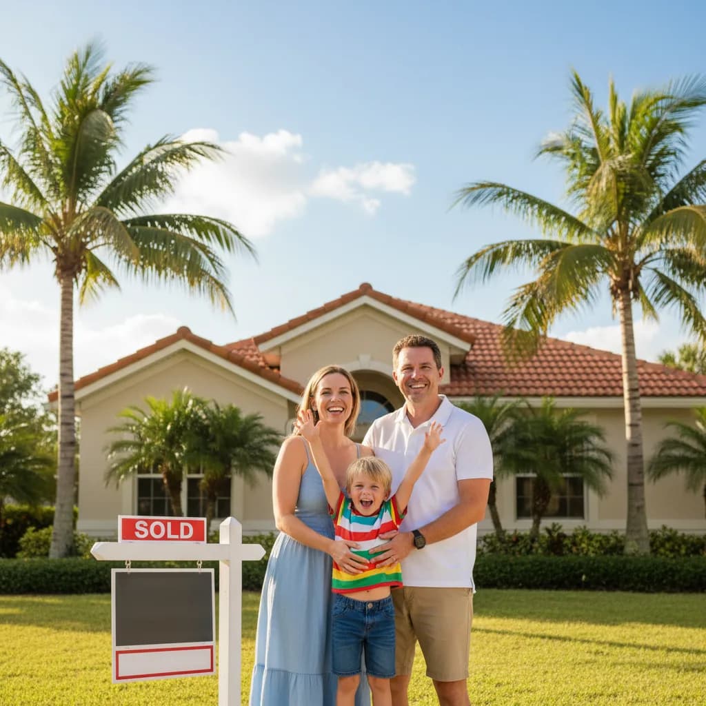 Happy family celebrating in front of Florida home with SOLD sign