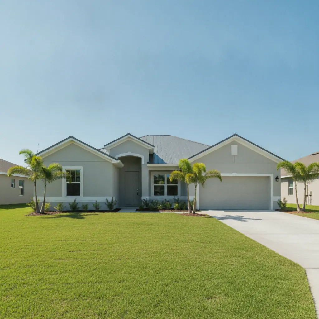 Renovated single-story Florida rental home with a metal roof, fresh landscaping, and palm trees