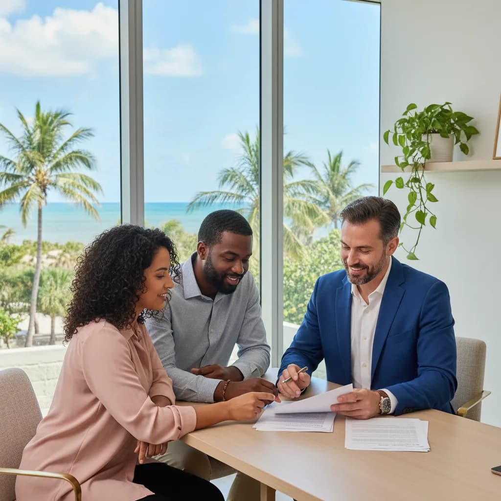 Couple reviewing mortgage documents with a loan officer