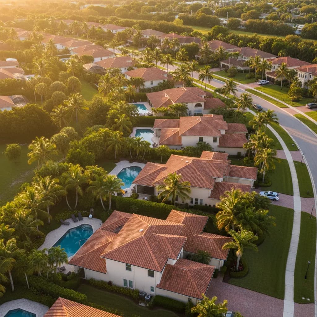 Aerial view of a Florida neighborhood at golden hour