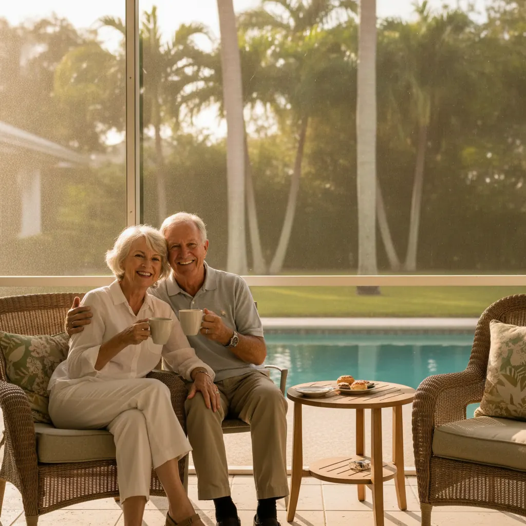 Retired couple smiling over morning coffee on the screened pool lanai of their Florida home