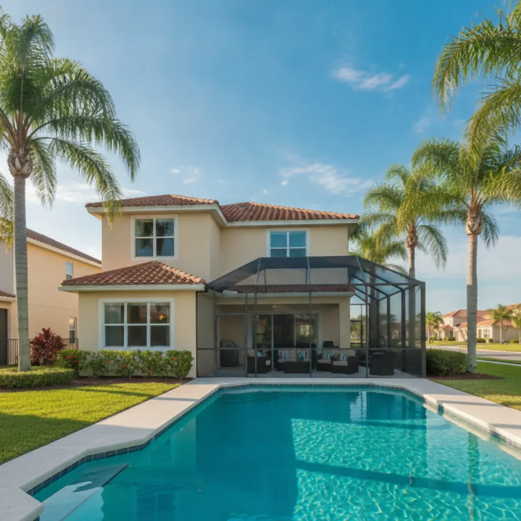 Two-story Central Florida vacation rental home with a private pool, screened lanai, and palm trees