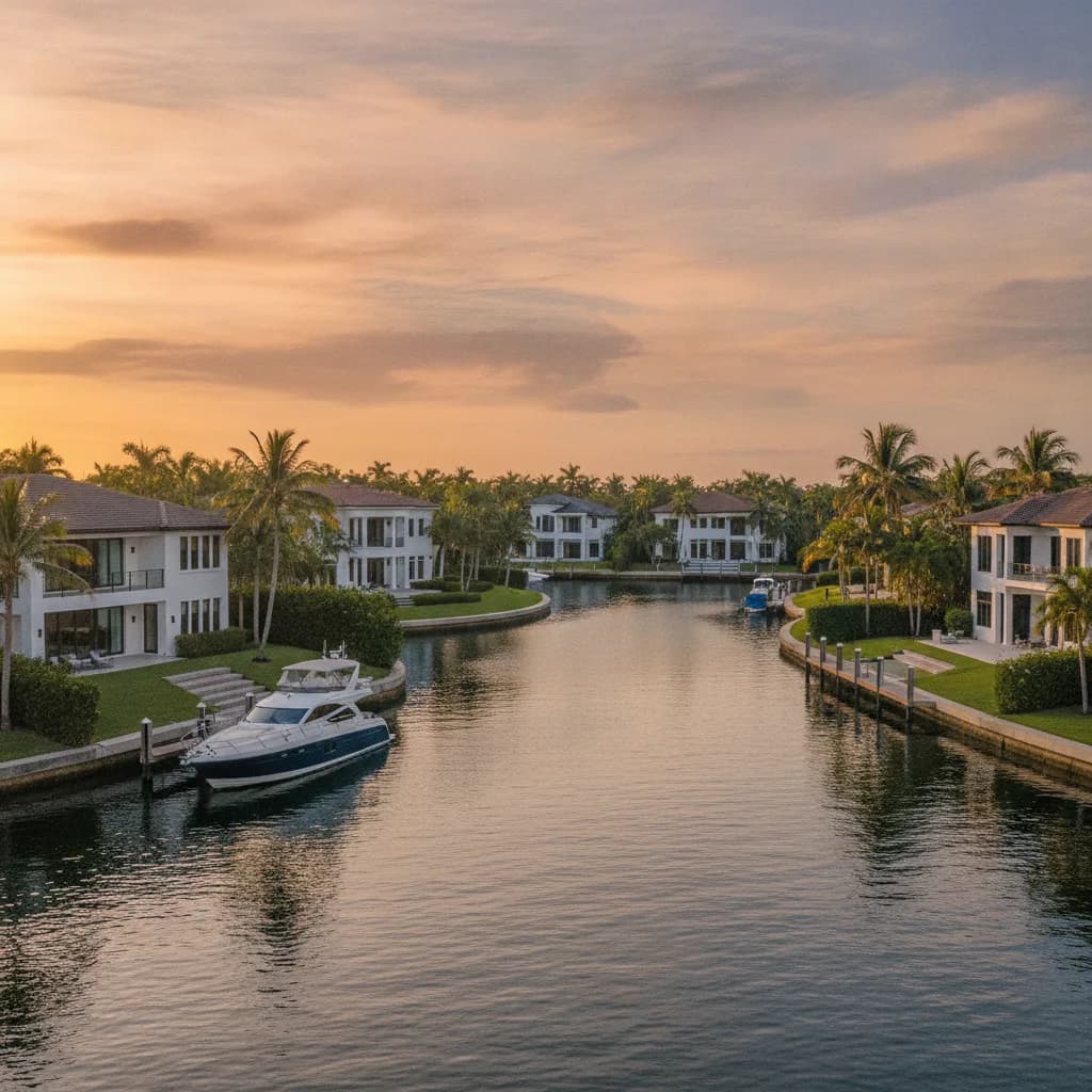 Fort Lauderdale waterfront homes along a canal with palm trees and a docked boat at sunset