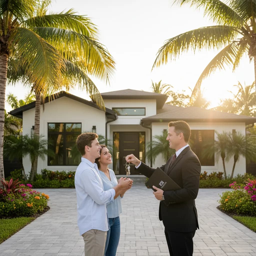Young couple receiving house keys from real estate agent outside a modern Florida home in Broward County with palm trees and golden hour sunlight