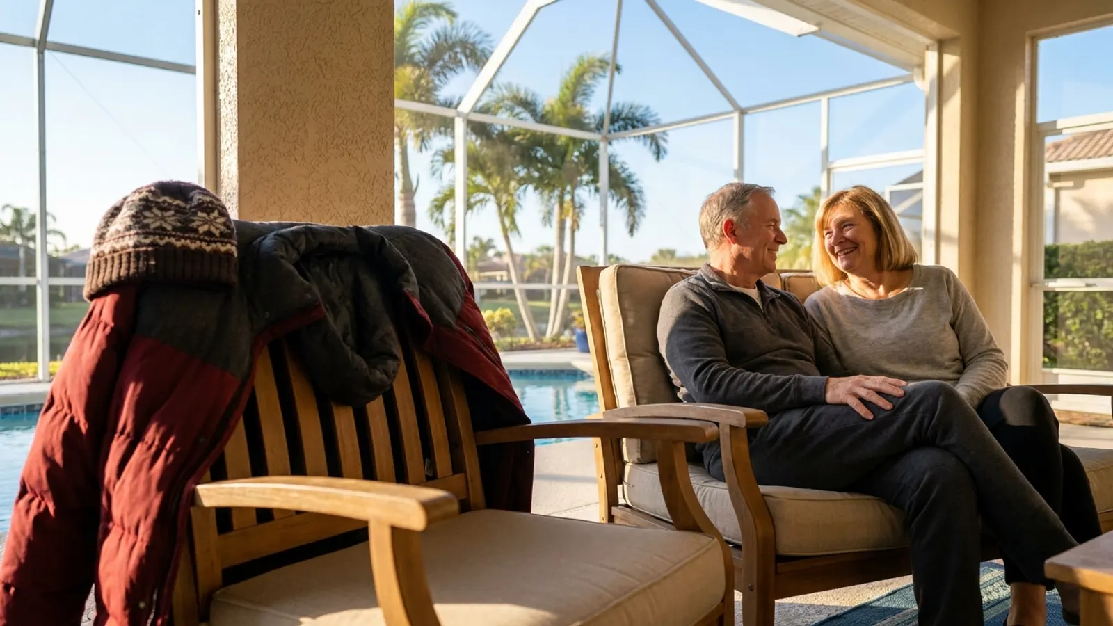Canadian snowbird couple relaxing on a sunny Florida pool lanai with winter coats draped over a chair