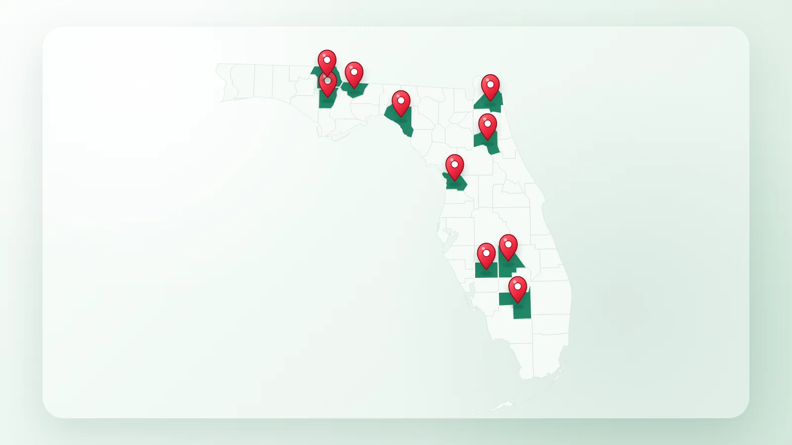 Map of Florida with ten red pins marking affordable places to buy a house across the state