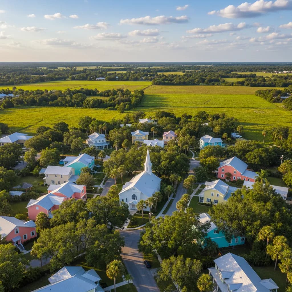 Aerial view of a charming small Florida town with colorful homes, tree-lined streets, church steeple, and green fields