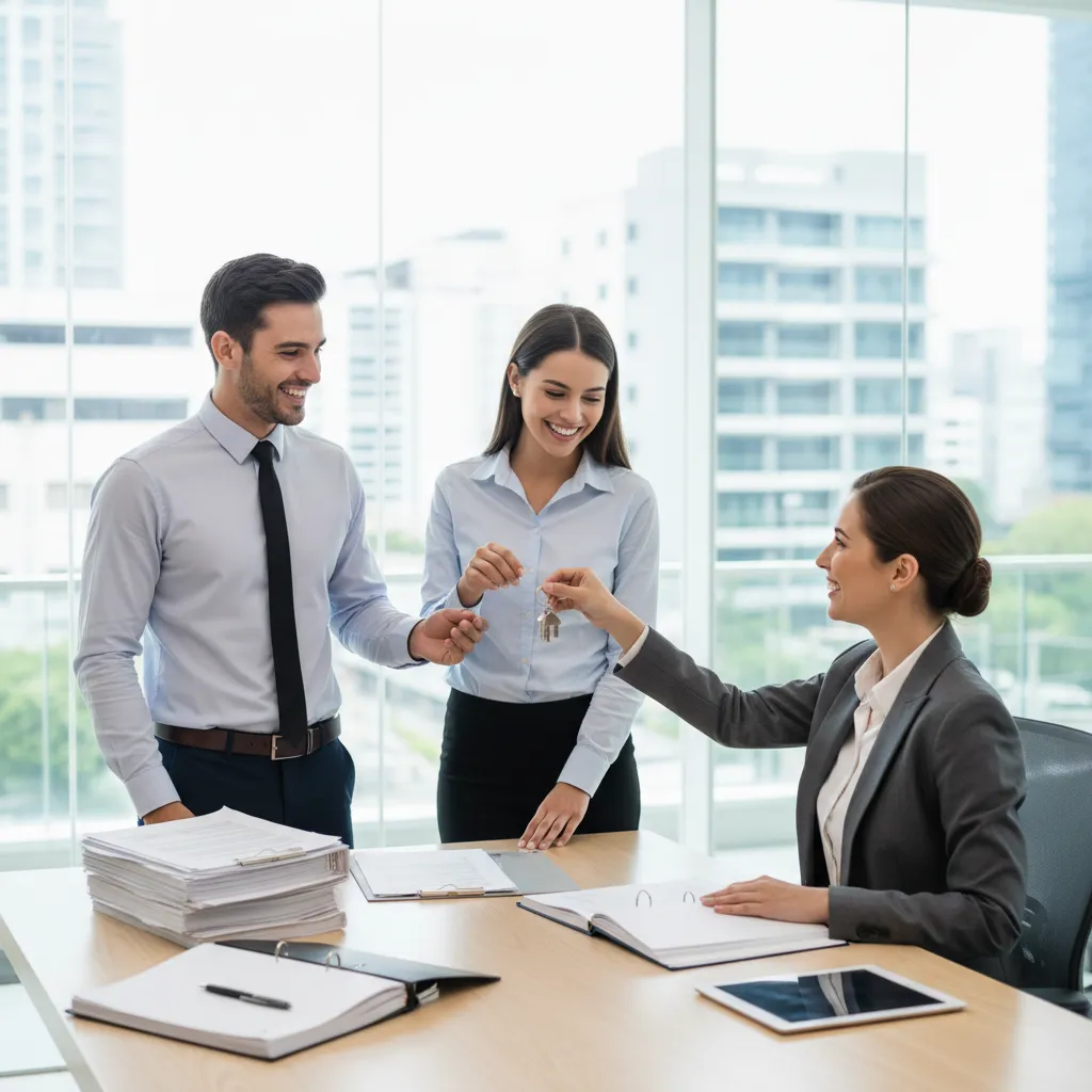 Young professional couple receiving house keys from mortgage lender in a modern office with natural light