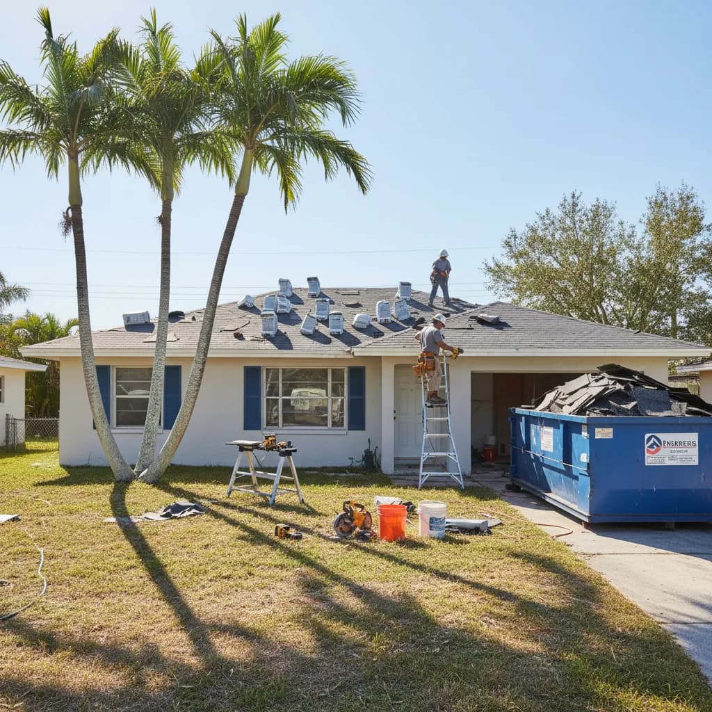 Florida fixer-upper home mid-renovation with new roof being installed and contractor on ladder with palm trees