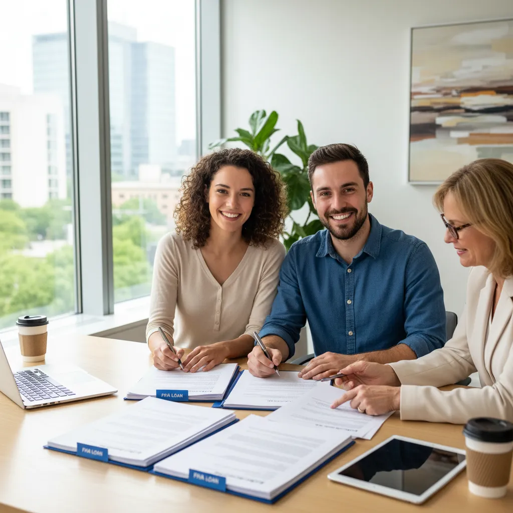 Young couple signing FHA loan documents with a mortgage loan officer in a modern office with natural light