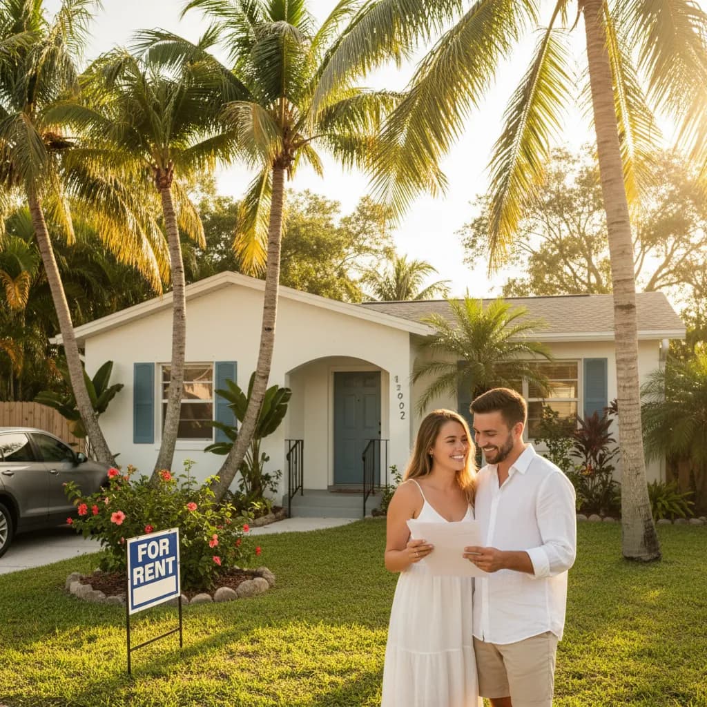 Young couple reviewing paperwork outside a Florida rental home with a For Rent sign, palm trees, and golden hour sunlight