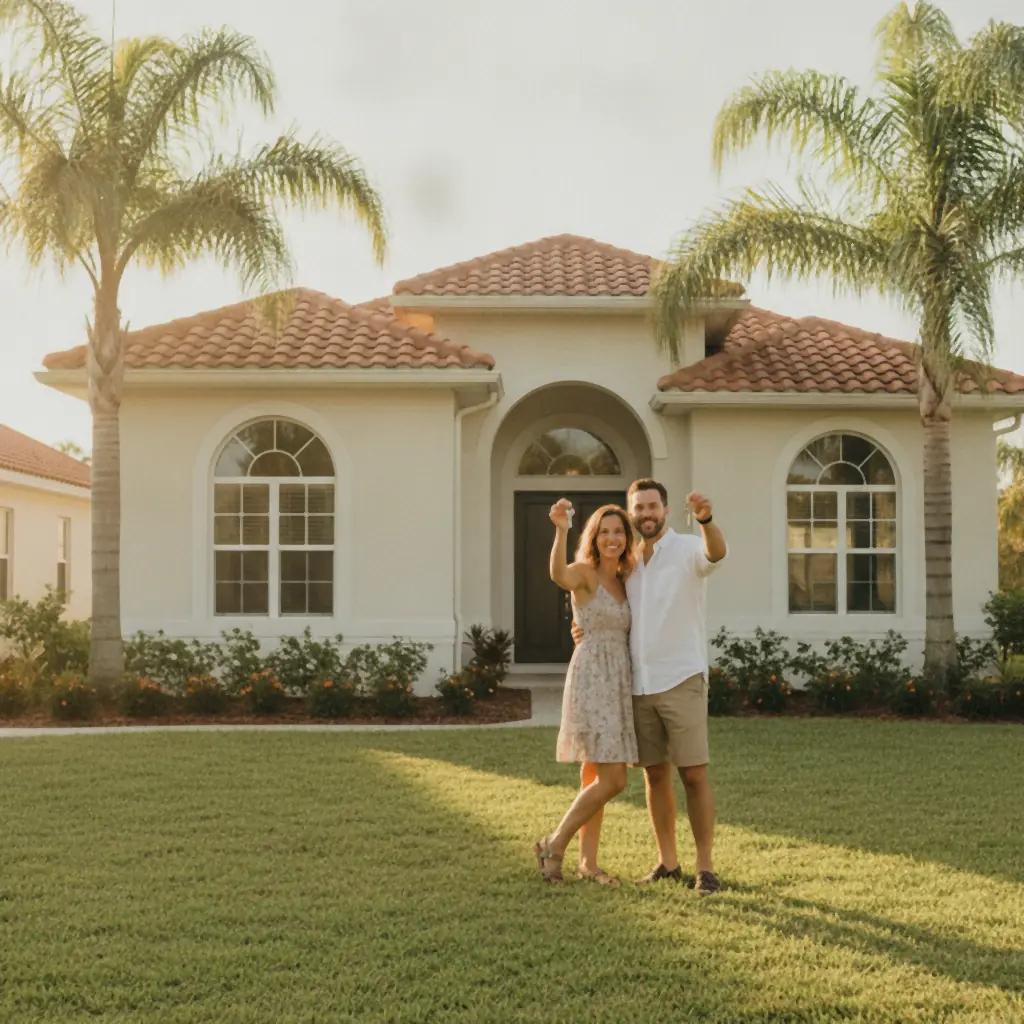 Couple holding house keys in front of their new Florida home with palm trees