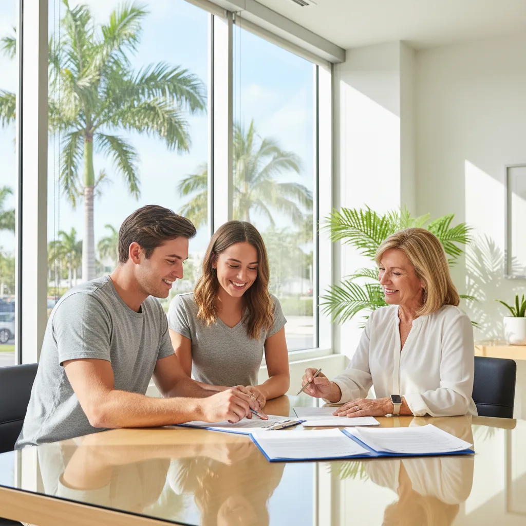 Young couple reviewing mortgage documents with a loan officer in a bright modern Florida real estate office with palm trees visible outside