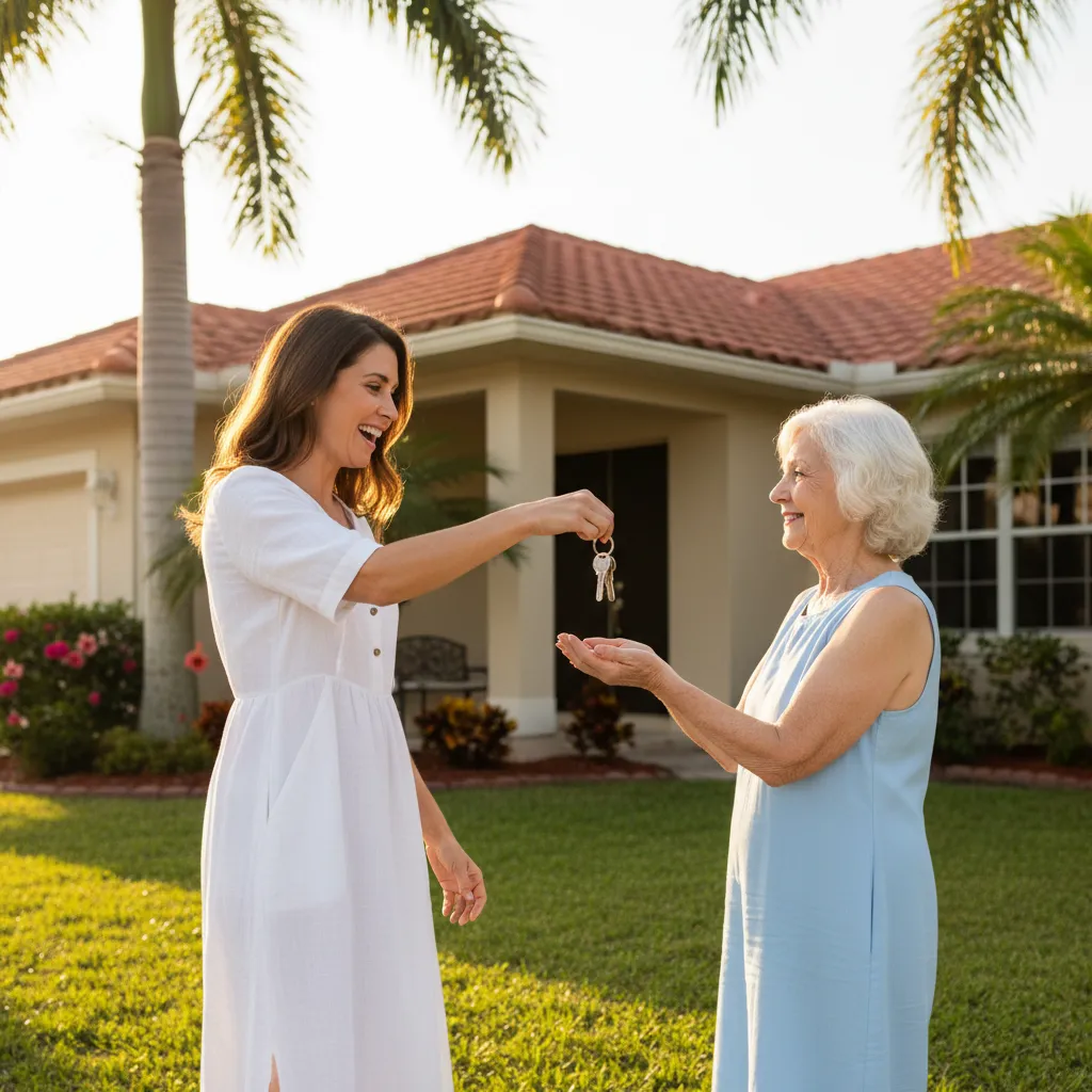 Adult daughter handing house keys to her elderly mother outside a single-story Florida home with palm trees in golden hour sunlight