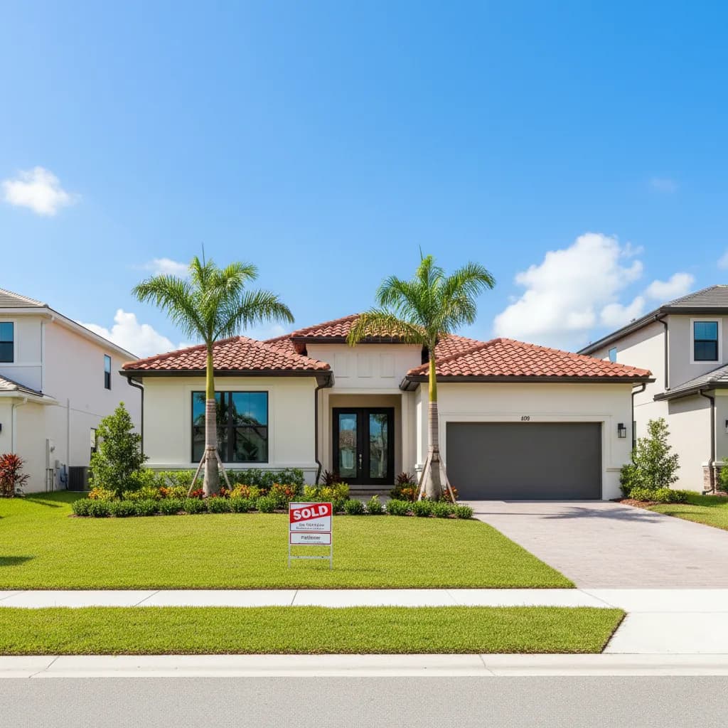 Modern Florida home with SOLD sign, tile roof, and palm trees on a bright sunny day