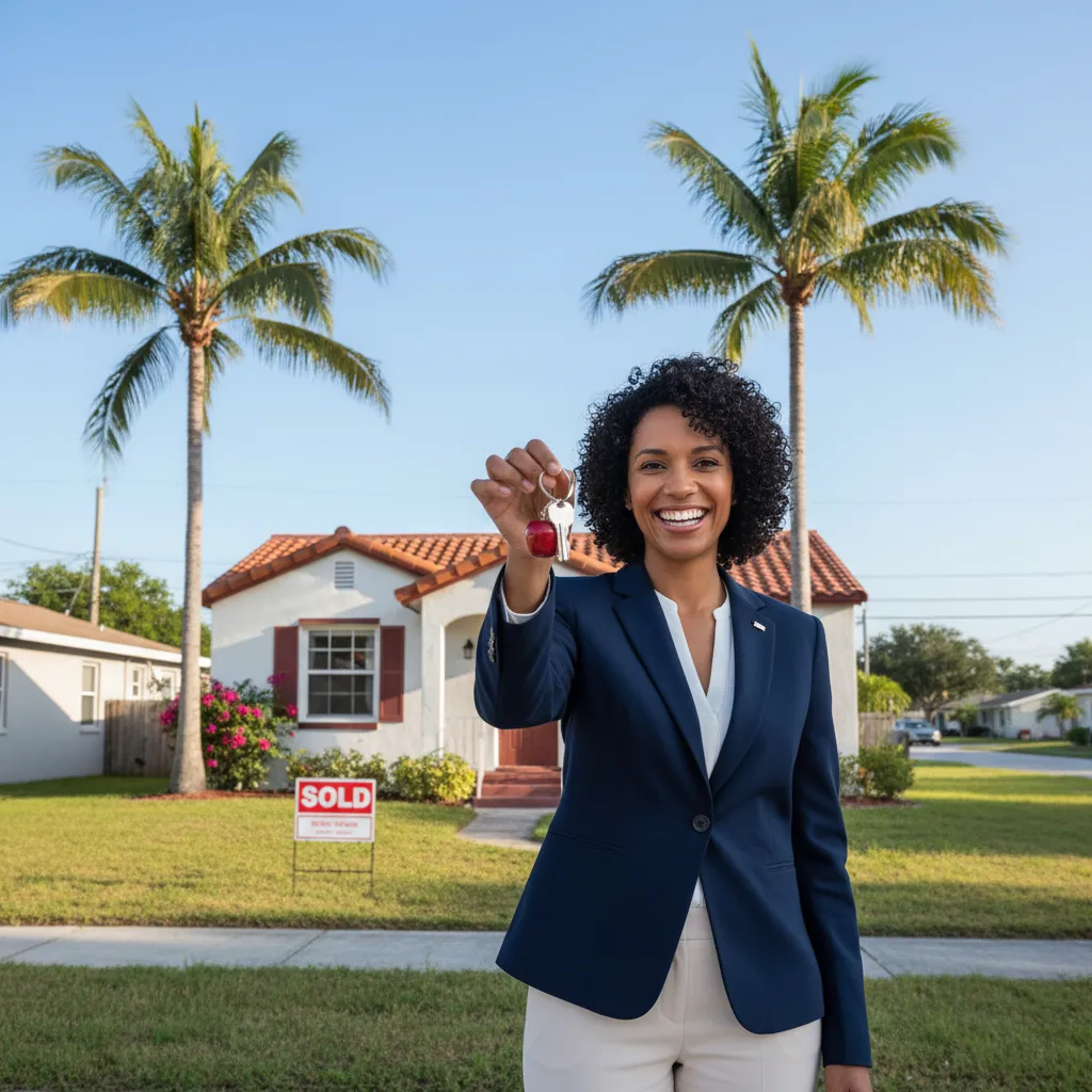 Teacher holding house keys with SOLD sign in front of a Florida home with palm trees on a sunny day