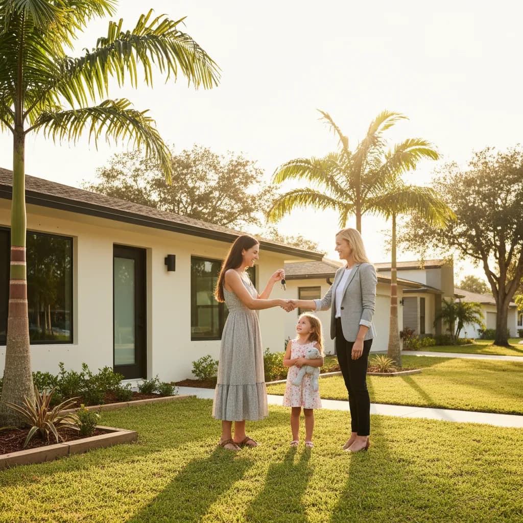 Happy single mother with daughter receiving house keys from real estate agent outside a Florida home with palm trees