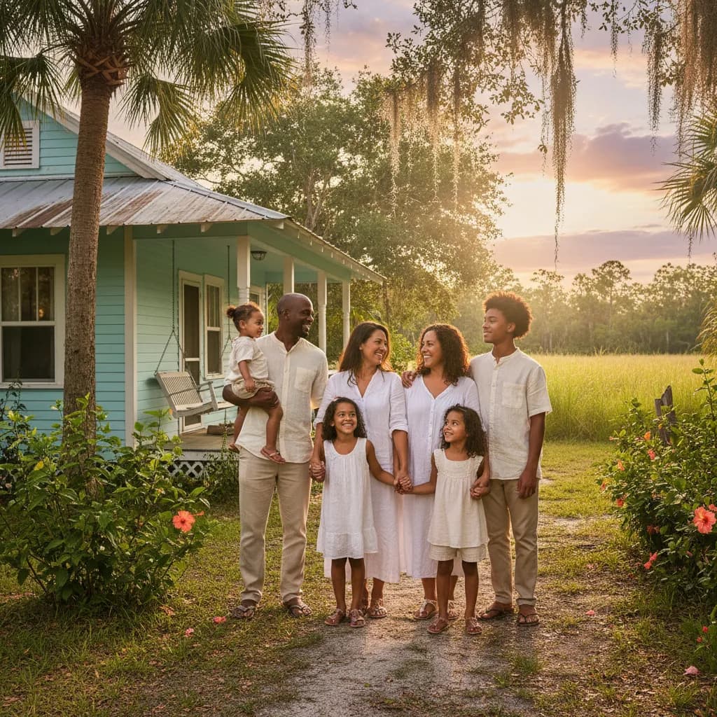 Diverse family standing in front of a charming Florida home surrounded by nature in warm golden hour sunlight