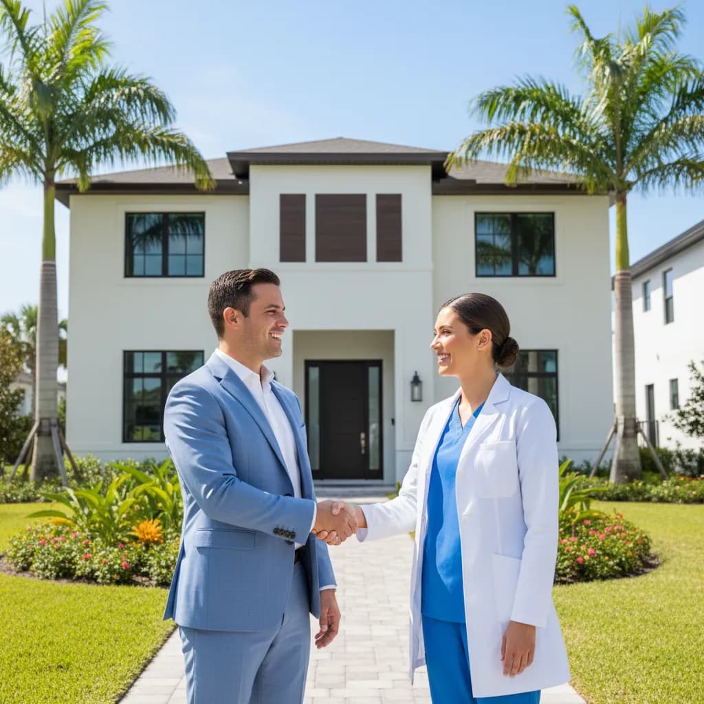 Mortgage lender shaking hands with a healthcare worker outside a modern Florida home with palm trees on a sunny day