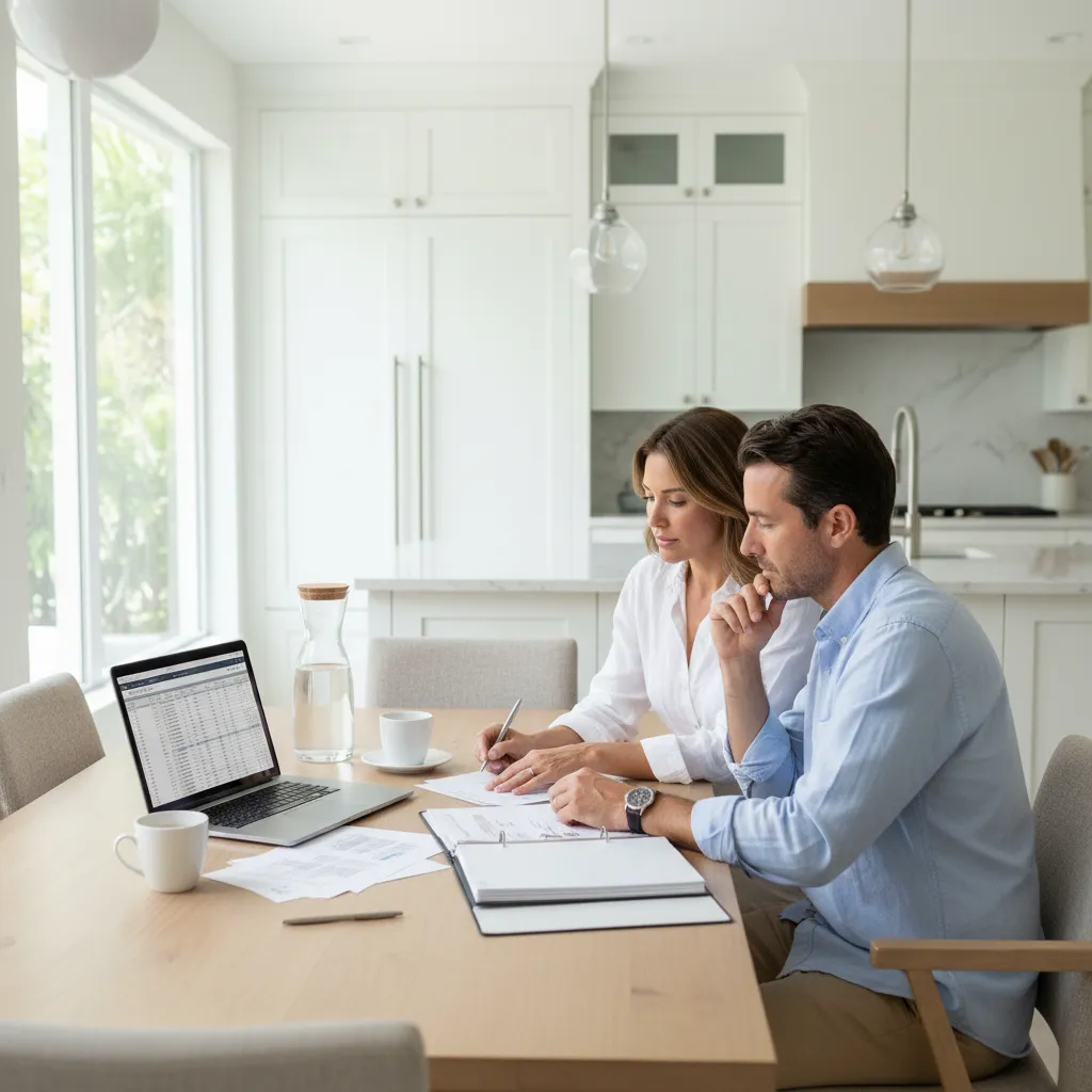 Couple reviewing financial documents at kitchen table with laptop showing numbers in a bright modern kitchen