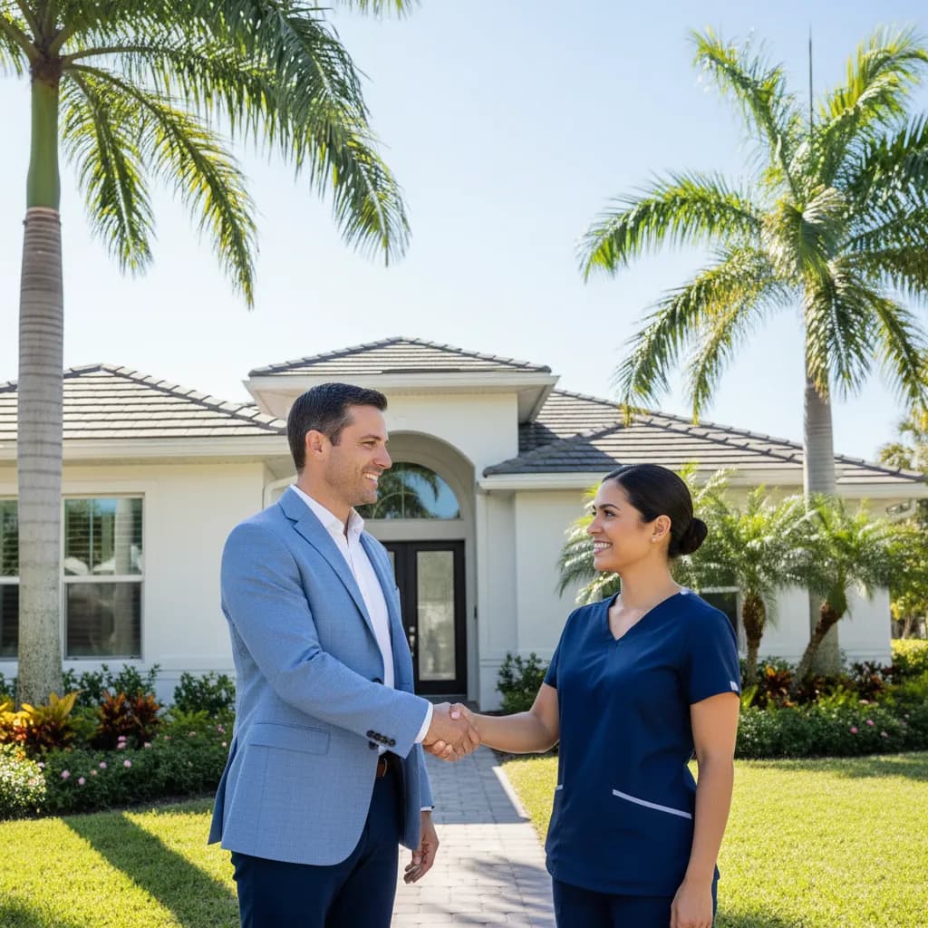 Mortgage lender shaking hands with a healthcare worker outside a Florida home with palm trees on a sunny day