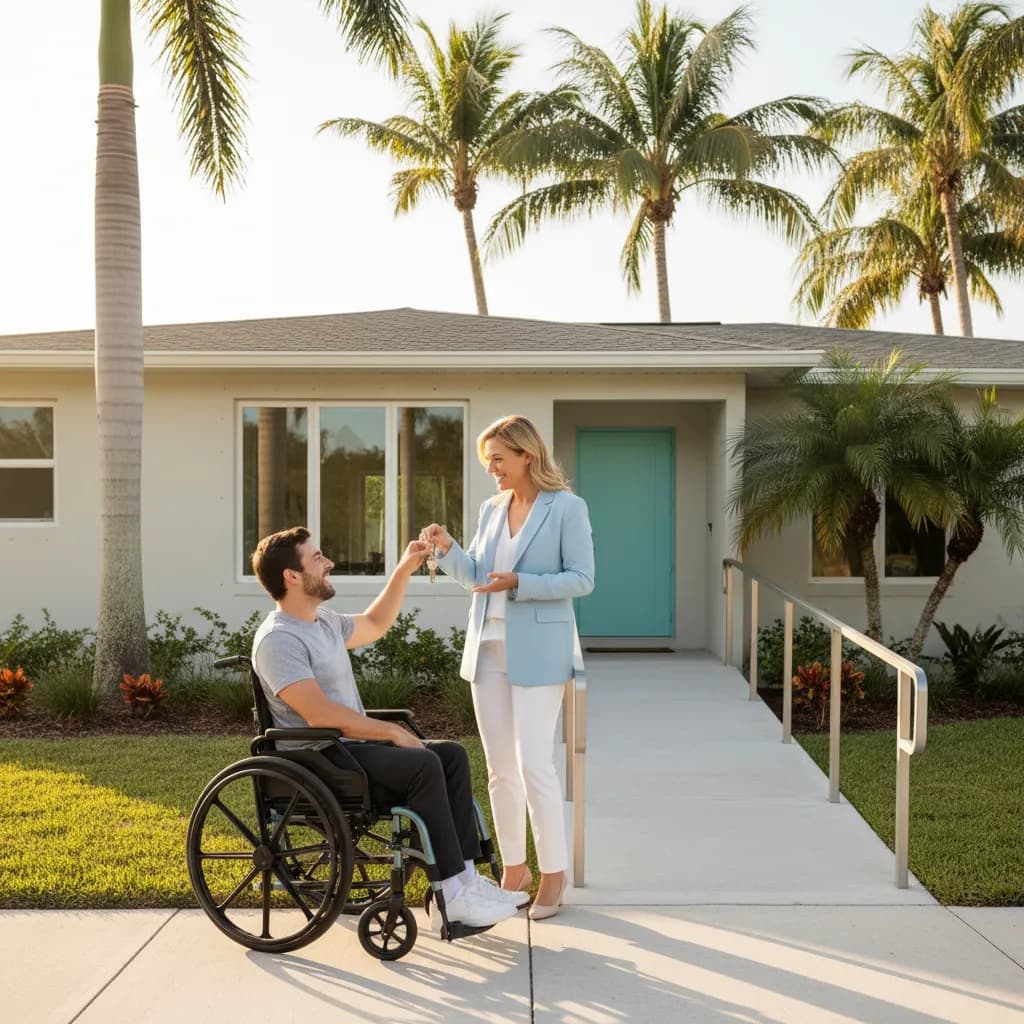 Person in wheelchair receiving house keys from real estate agent in front of accessible Florida home with palm trees