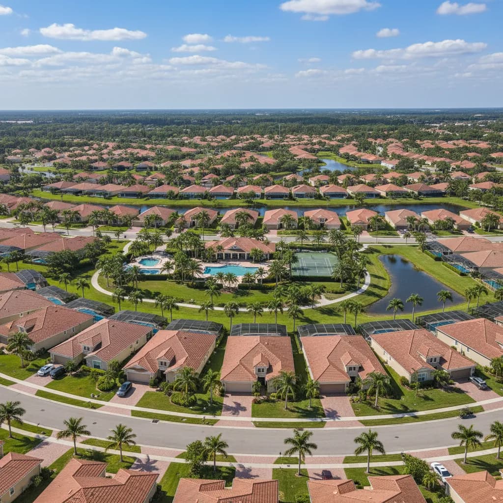 Aerial view of a Florida suburban neighborhood with palm trees, tile roofs, and community amenities on a sunny day