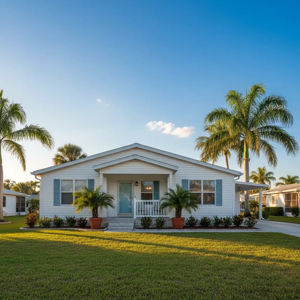 Modern manufactured home with front porch and palm trees in a Florida community on a sunny day