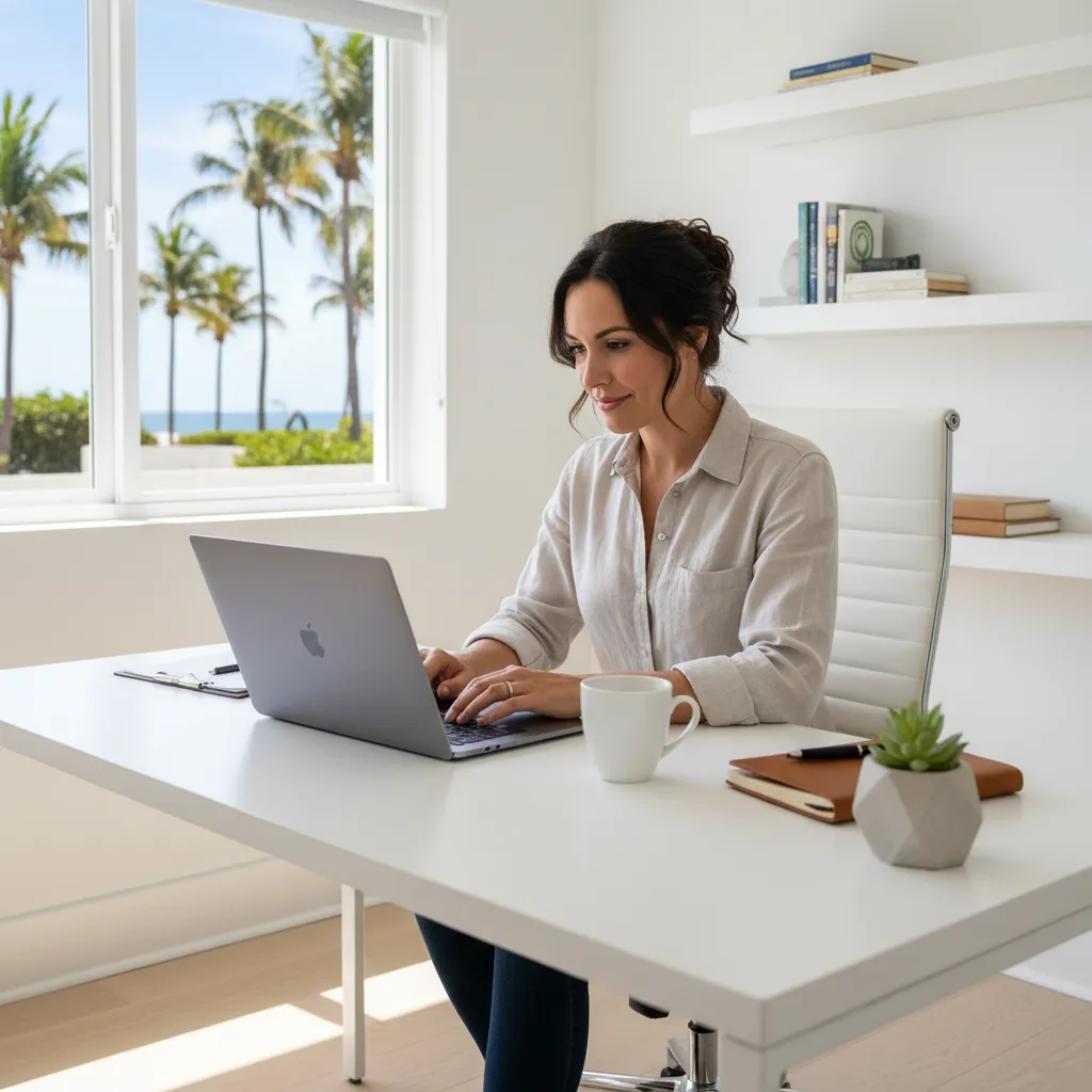 Self-employed entrepreneur working on laptop at home office desk near window with Florida palm tree view