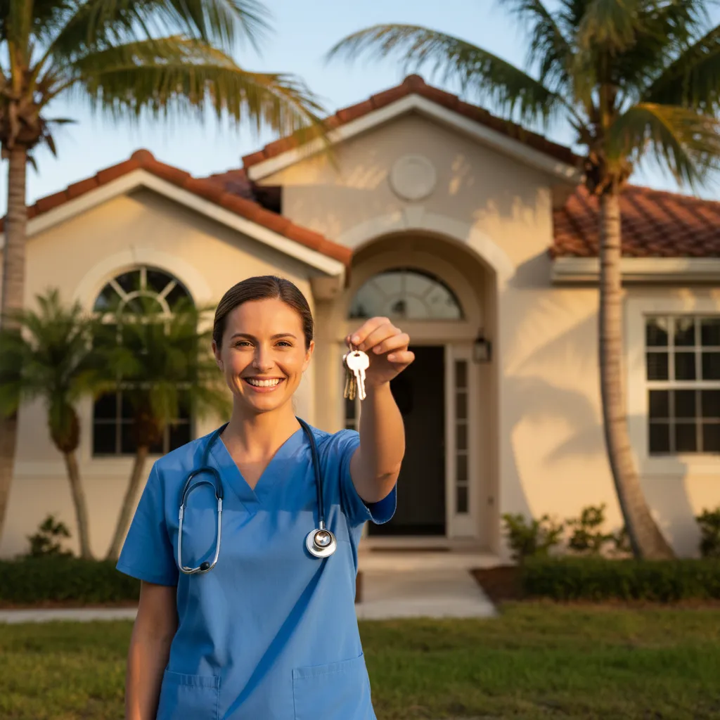 Smiling nurse holding house keys in front of a single-story Florida home with palm trees in golden hour sunlight