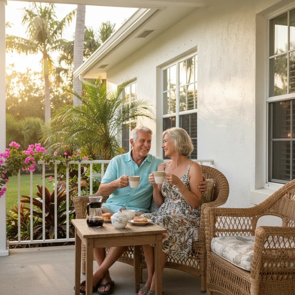 Happy senior couple sitting on the front porch of their Florida home drinking coffee together with palm trees and tropical plants