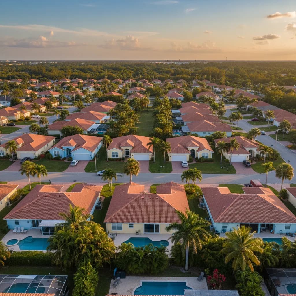 Florida rent-to-own homes in a residential neighborhood with palm trees and tile roofs