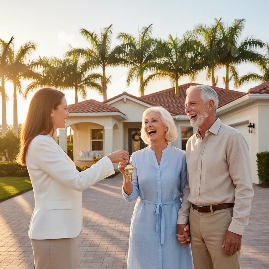 Senior couple receiving house keys outside a single-story Florida home with palm trees in golden hour sunlight