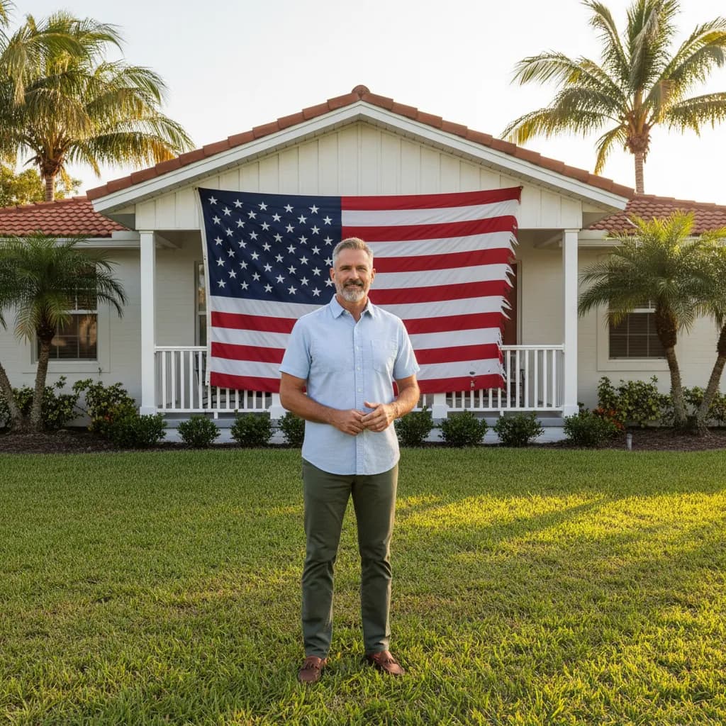 Military veteran standing proudly in front of American flag on porch of a Florida home with palm trees in golden hour sunlight