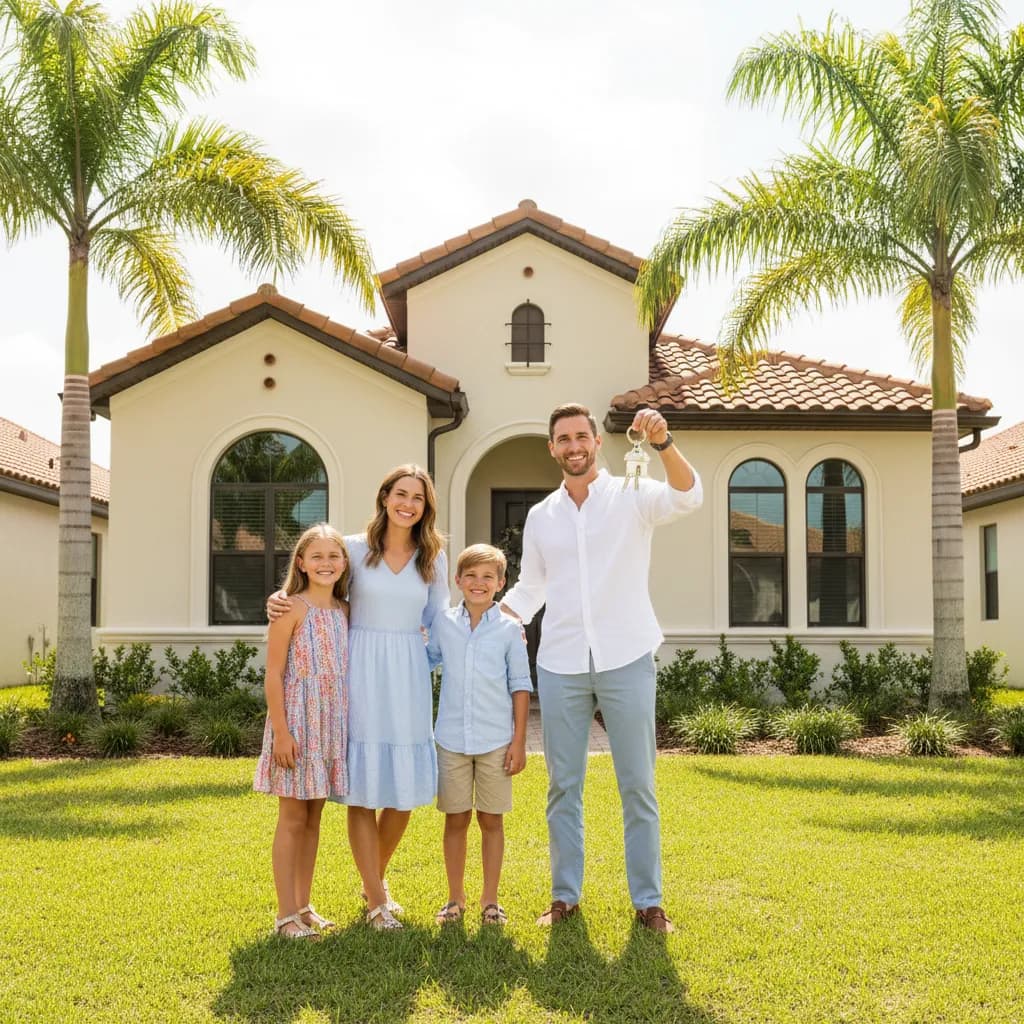Happy family holding house keys in front of a Spanish-style Florida home in Orange County with palm trees on a sunny day