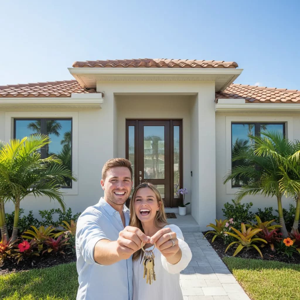 Excited young couple holding house keys at the front door of a new Florida home with tile roof and tropical landscaping