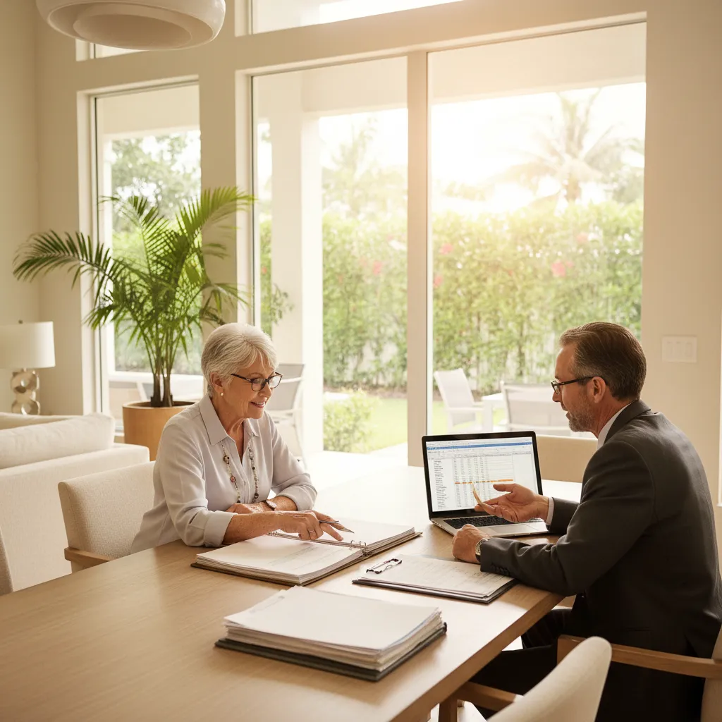 Senior woman reviewing financial documents with a professional advisor in a modern Florida home interior with natural light