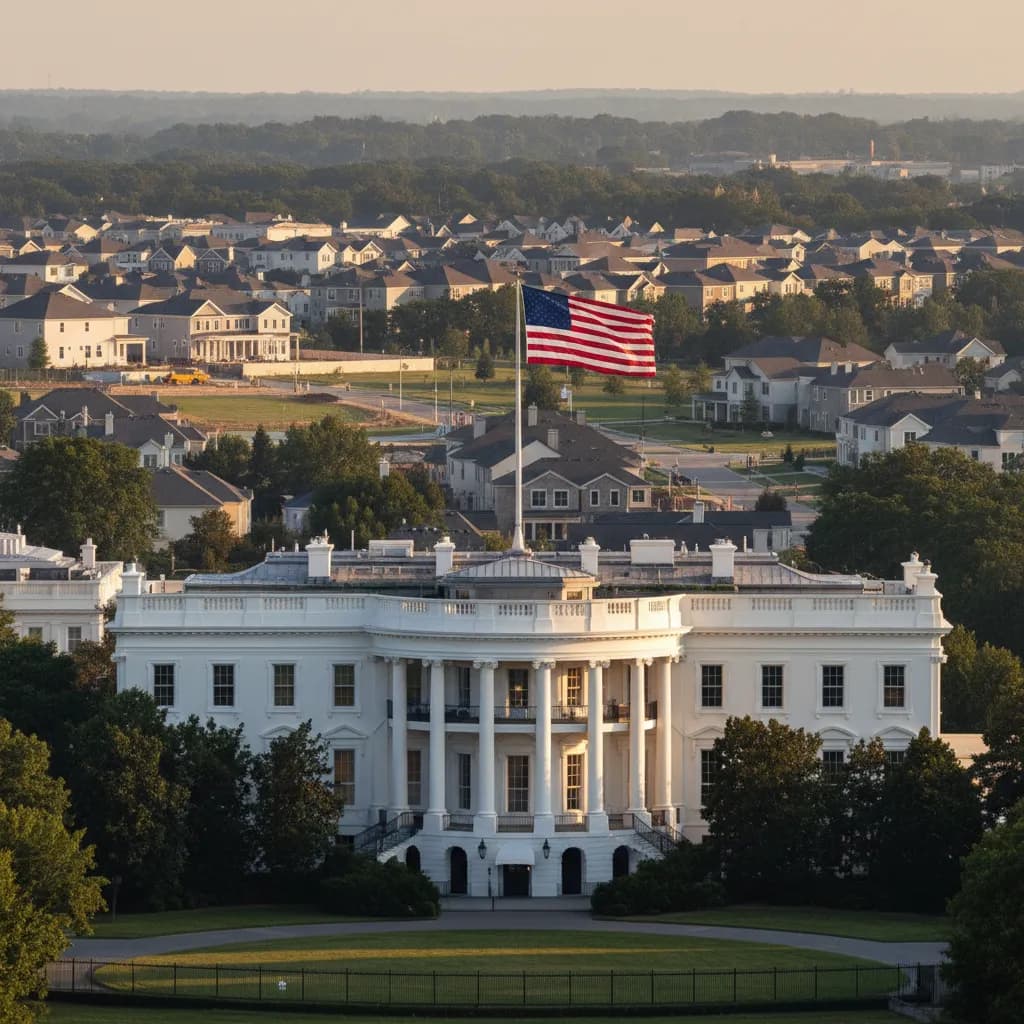 Aerial view of the White House with American flag and suburban housing in the background representing federal housing policy