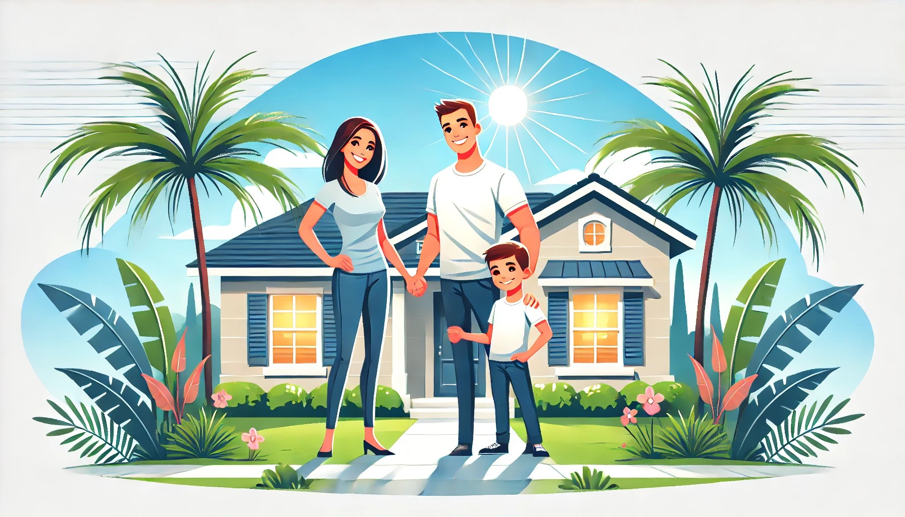 Illustration of a happy family standing in front of their new home in Florida, surrounded by palm trees and lush greenery. The home has a welcoming front yard, with a bright, sunny sky in the background. The family, consisting of two parents and a child, is smiling and celebrating homeownership.