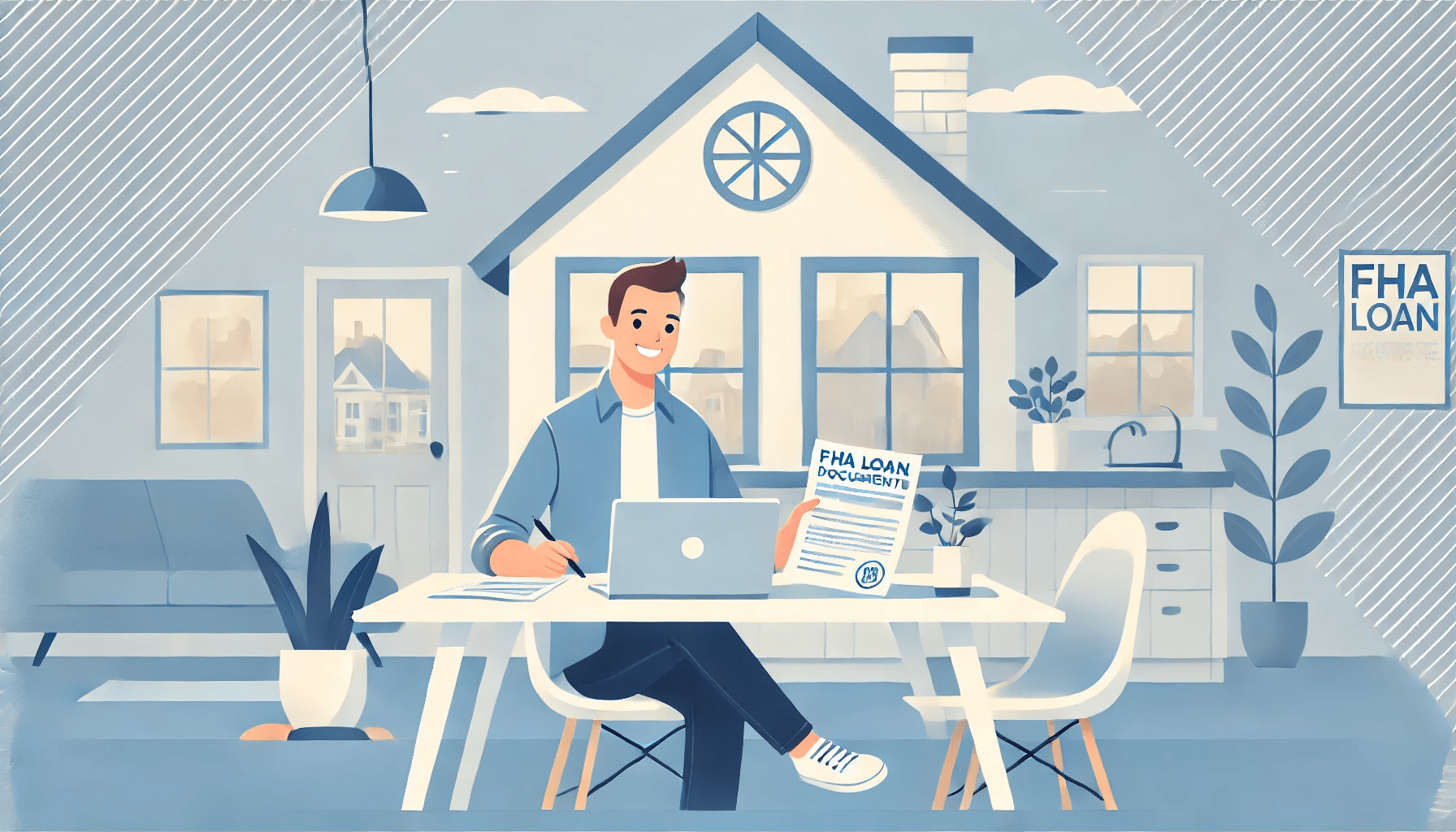 A wide, modern illustration showing a happy homeowner sitting at a kitchen table with an open laptop and FHA loan documents in hand.