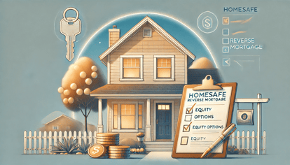 Illustration of a suburban home with a piggy bank, a document labeled 'Home Equity Options,' and stacked coins in the foreground, symbolizing financial planning