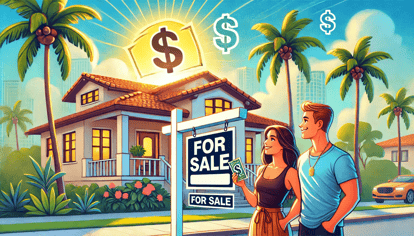 A vibrant illustration of a sunny Miami neighborhood featuring palm trees, a modern family home with a