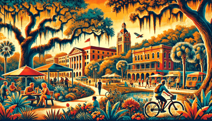 Vibrant illustration of Tallahassee life featuring historic buildings, oak trees with Spanish moss, outdoor trails, and residents enjoying events.
