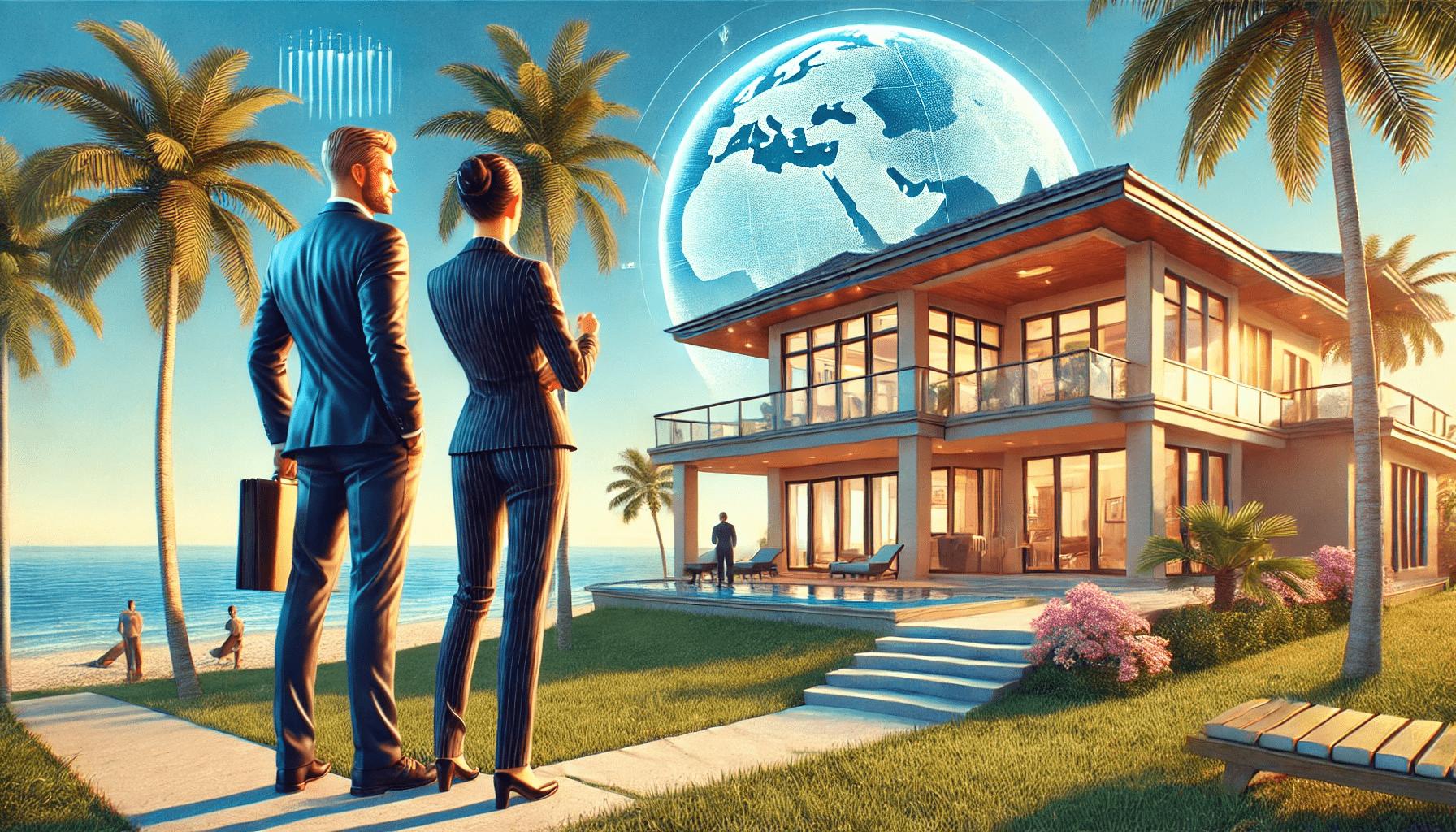 DALL·E 2025-03-11 13.44.52 - A stunning digital illustration depicting an international buyer looking at a luxurious Florida beachfront property. The buyer, dressed in stylish bus-min
