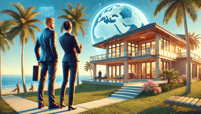 Illustration of an international real estate buyer viewing a luxury beachfront property in Florida with a real estate agent. The scene features a modern villa, ocean views, palm trees, and a subtle globe in the sky, symbolizing foreign investment in Florida real estate.