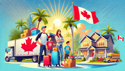 Illustration of a Canadian family moving to Florida, standing beside a packed moving truck with suitcases, excitedly looking at a sunny Florida neighborhood with palm trees and a 'Welcome Home' sign. A subtle Canadian flag transitions into a Florida-themed sky, symbolizing the relocation journey.