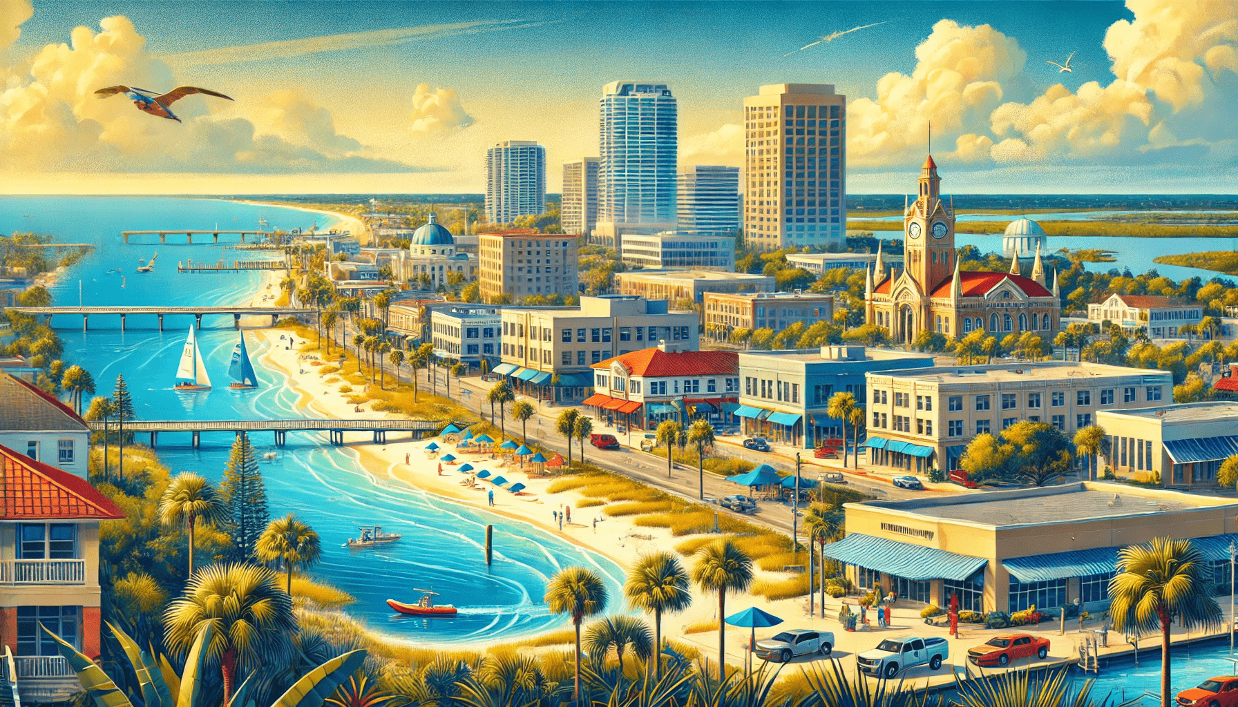 DALL·E 2025-03-12 22.19.08 - A vibrant wide-aspect digital illustration of Melbourne, Florida, capturing its key attractions and lifestyle. The scene includes a picturesque beachf-min